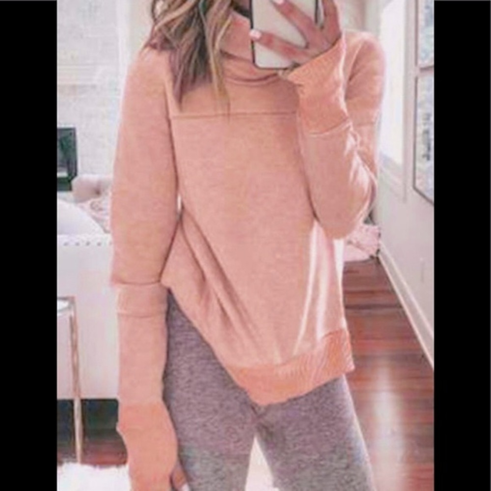 Dusty Pink Loose High Collar Loose Rib Knit Cuffs & Trim Side Split Sweatshirt